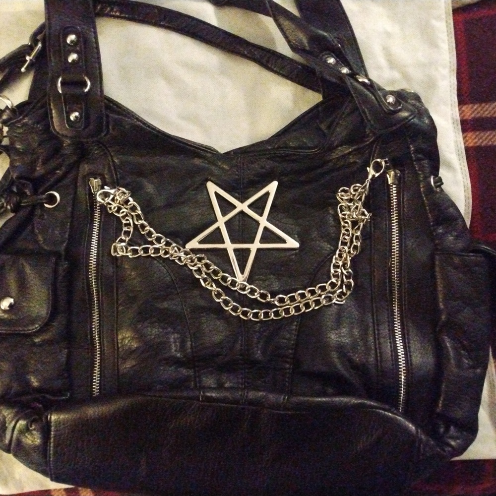 Black Leather Tote Bag with Silver Accents